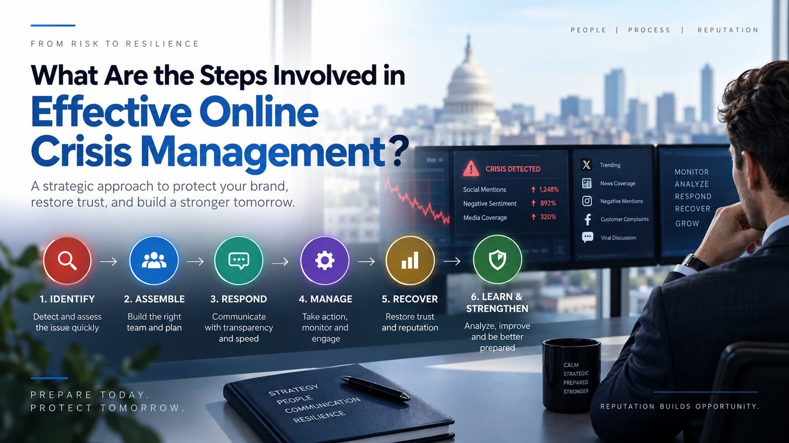 Infographic showing the steps of effective online crisis management: identify, assemble, respond, manage, recover, learn and strengthen