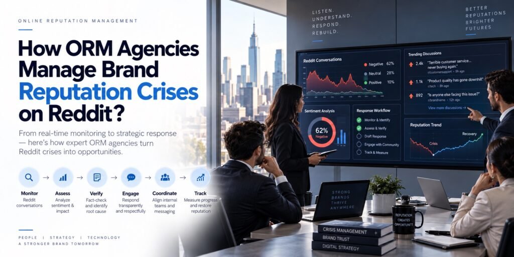 Infographic: how ORM agencies manage Reddit reputation crises - monitor, assess, verify, engage, coordinate and track
